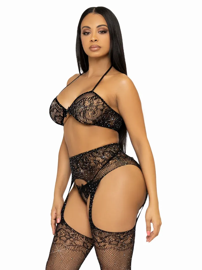 Vibrators | Leg Avenue 3 Pc Rhinestone Bra Top, G-String, and Garter Belt Stockings - One Size