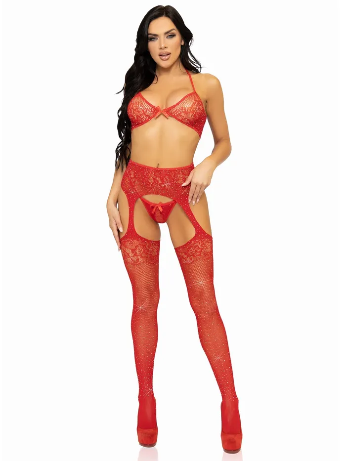 Vibrators | Leg Avenue 3 Pc Rhinestone Bra Top, G-String, and Garter Belt Stockings - One Size
