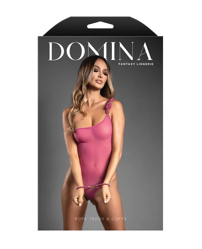 Fantasy Lingerie Couples Domina OneShoulder Sheer Mesh Teddy wRope Cuffs