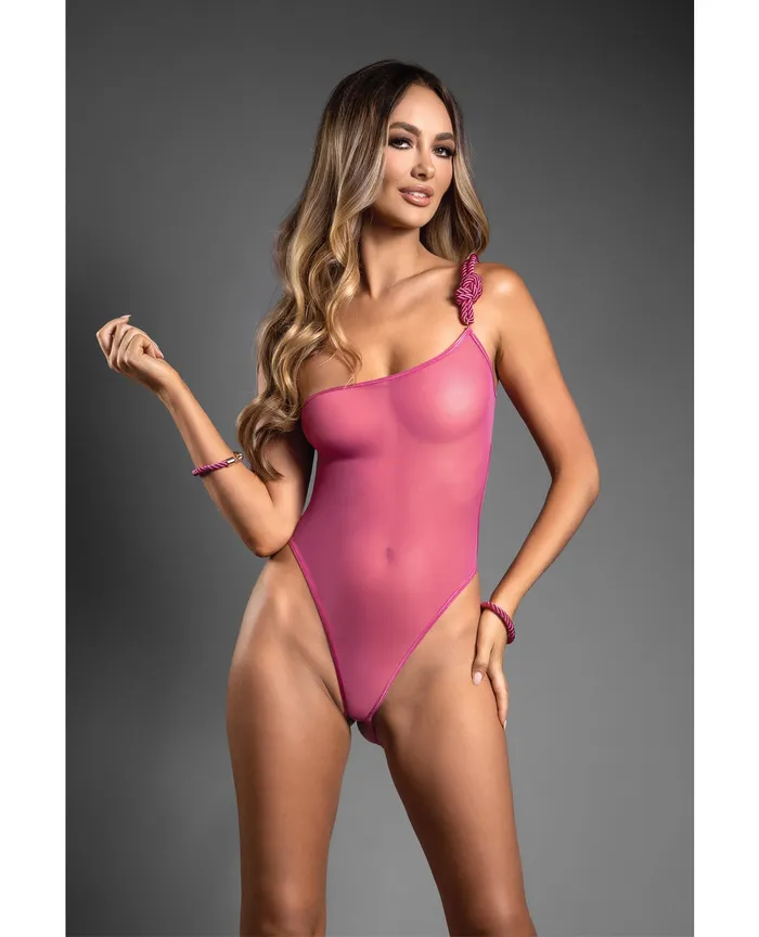 Fantasy Lingerie Couples Domina OneShoulder Sheer Mesh Teddy wRope Cuffs