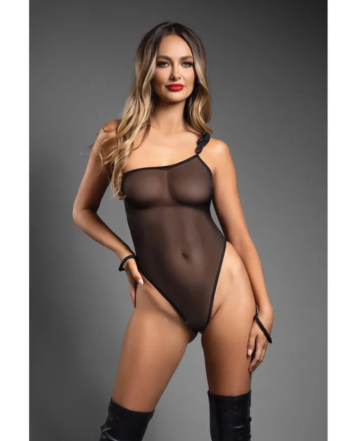 Fantasy Lingerie Couples Domina OneShoulder Sheer Mesh Teddy wRope Cuffs