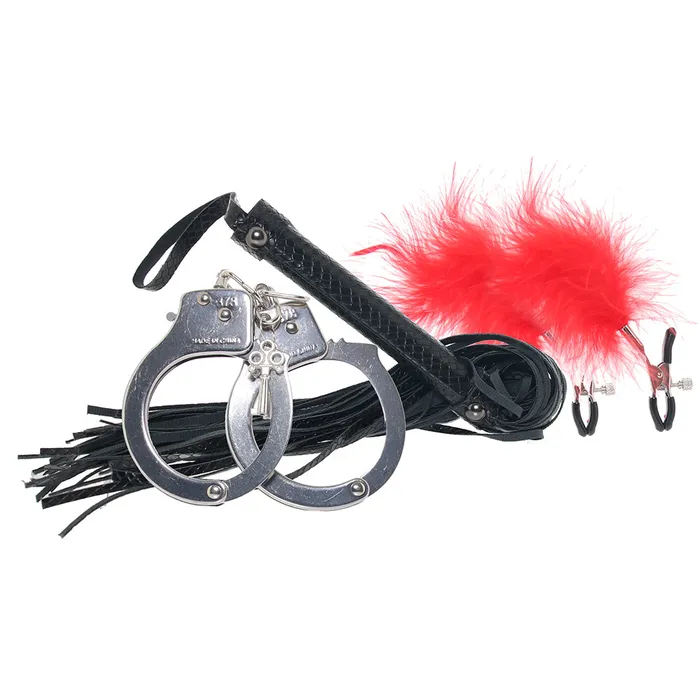 Restraints Bondage Whip Feather Clamps Cuffs Set in Red Nasstoys