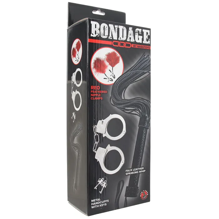 Restraints Bondage Whip Feather Clamps Cuffs Set in Red Nasstoys