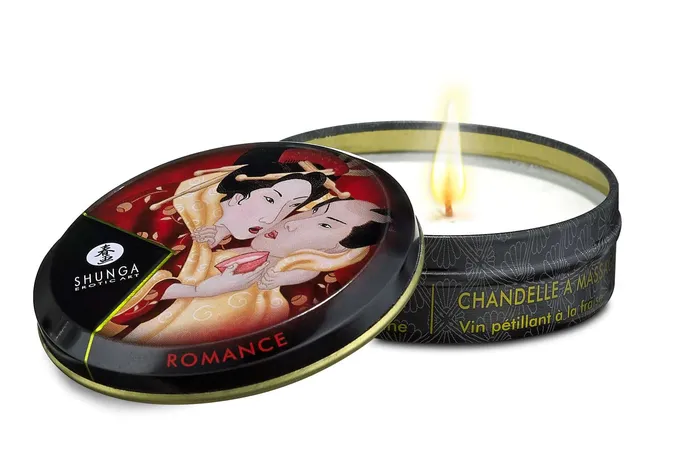 Savor Romance with Shunga Erotic Art Massage Candle Sparkling Strawberry Wine 1 Oz Shunga Couples