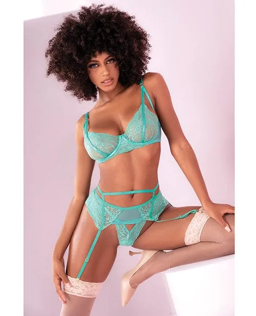 Floral Lace Bra Garter Belt Panty Aqua Mapale Female Sex Toys