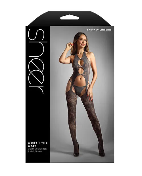Sheer Worth The Wait Floral Fishnet Bodystocking with GString Grey OS Fantasy Lingerie Male Sex Toys