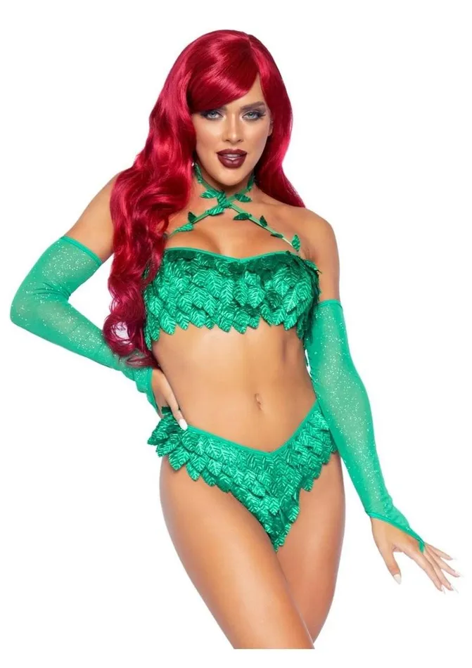 Leg Avenue Female Sex Toys Leg Avenue Poison Temptress Leafy Halter Top with Corset Lace Up Back Leafy Panty and Sleeves