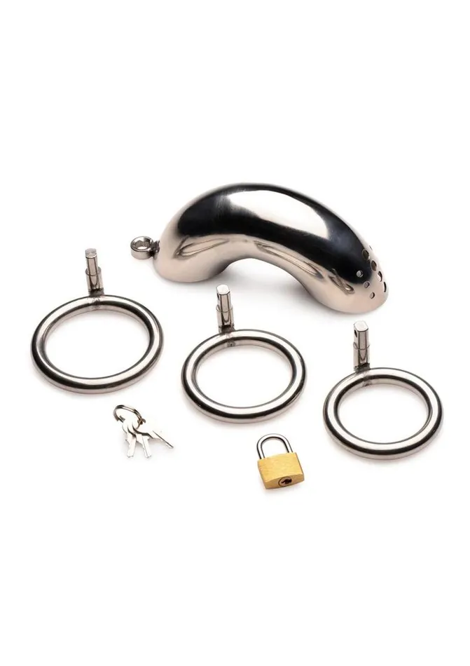 Master Series Male Sex Toys Master Series Locking Stainless Steel Chastity Cage with 3 Rings