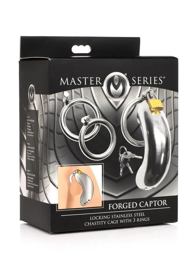 Master Series Male Sex Toys Master Series Locking Stainless Steel Chastity Cage with 3 Rings
