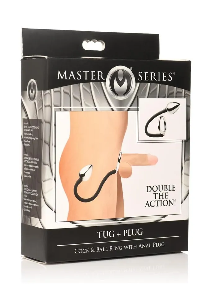Master Series Male Sex Toys Master Series Tug Plug Aluminum Cock and Ball Ring with Anal Plug