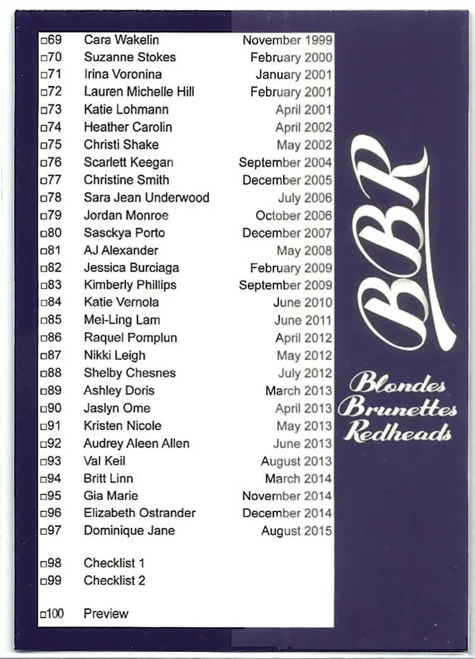 Dans Cards Playboys Blondes Brunettes and Redheads Checklist 2 Card 100 Vibrators