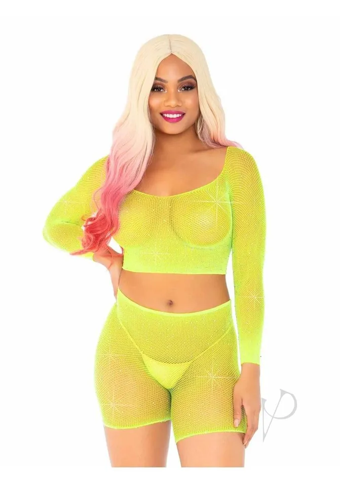 Leg Avenue Vibrators Rhinestone Fishnet Topshorts Os 2pc Ylw
